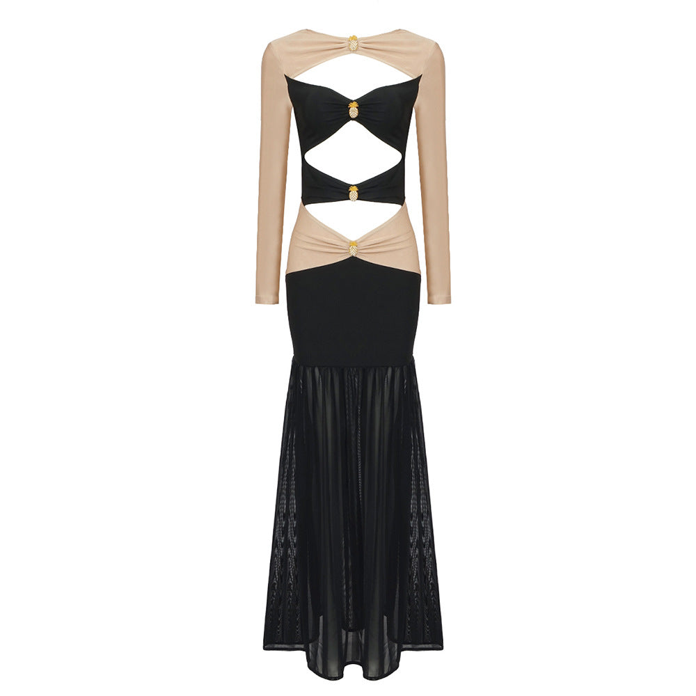 Two Colors Pineapple Decorative Long Sleeve Hollow Out Cutout Out Dress Mesh Semi Transparent Dress