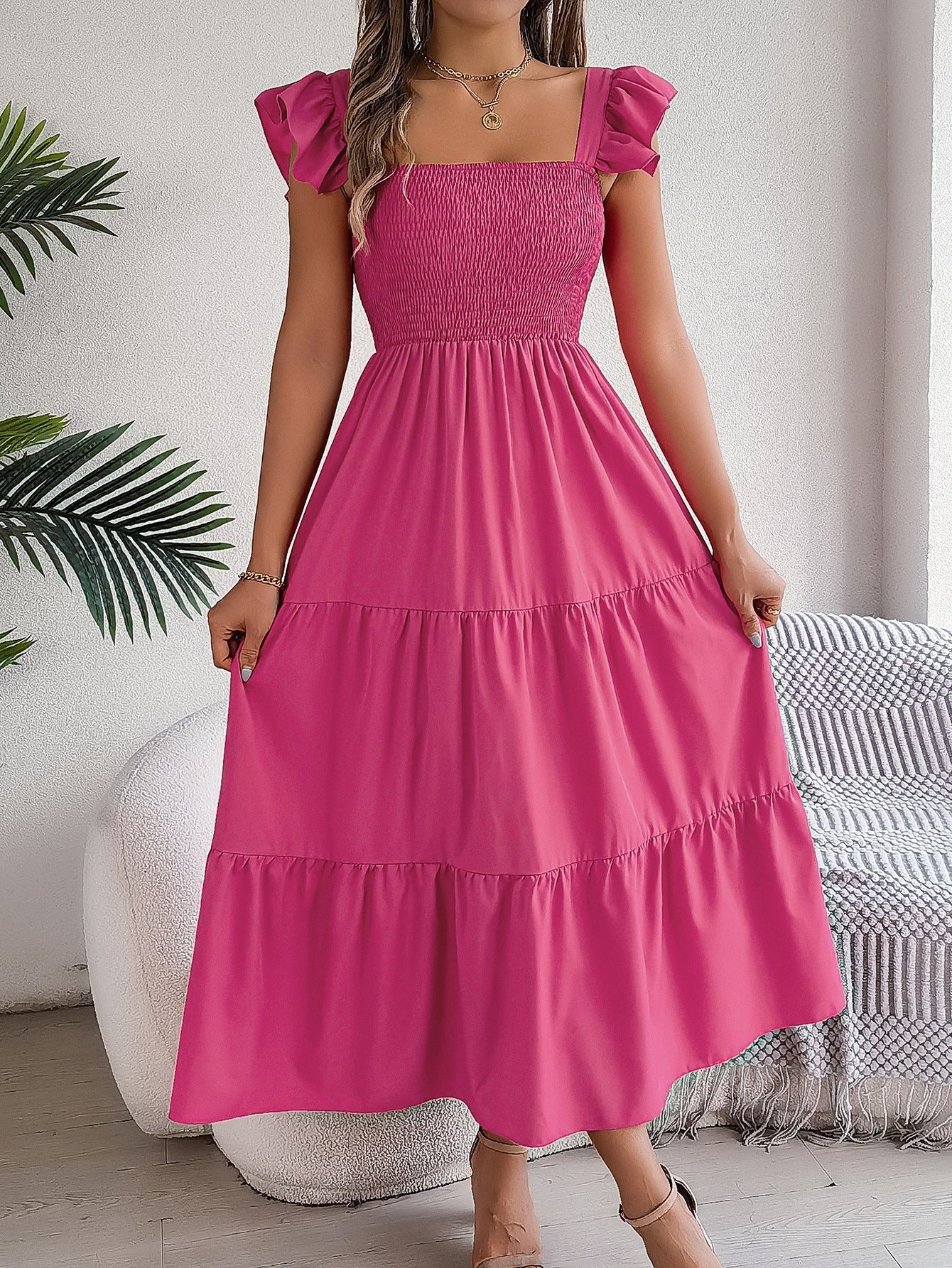 Ruffle Off The Shoulder Embroidered Floral Tiered Maxi Dress - Rose
