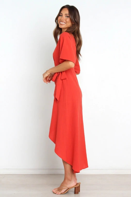 Bold Move Wrap Midi Dress Red
