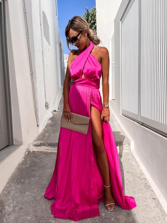 Daffy Backless Halter Maxi Dress Fuchsia