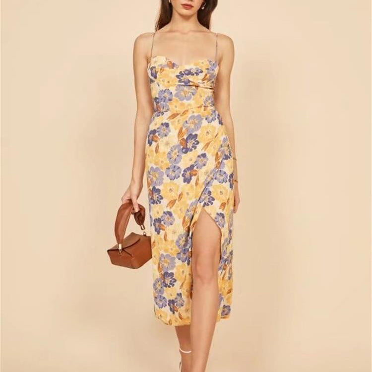 Fauve Floral Satin Cowl Neck Midi Dress Yellow