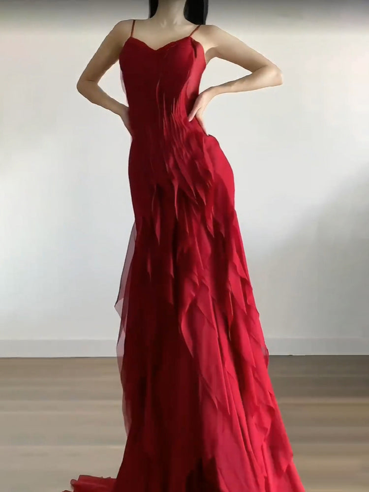 Sexy Mermaid Spaghetti Straps Red Chiffon Ruffles Birthday Dresses Long Prom Dress