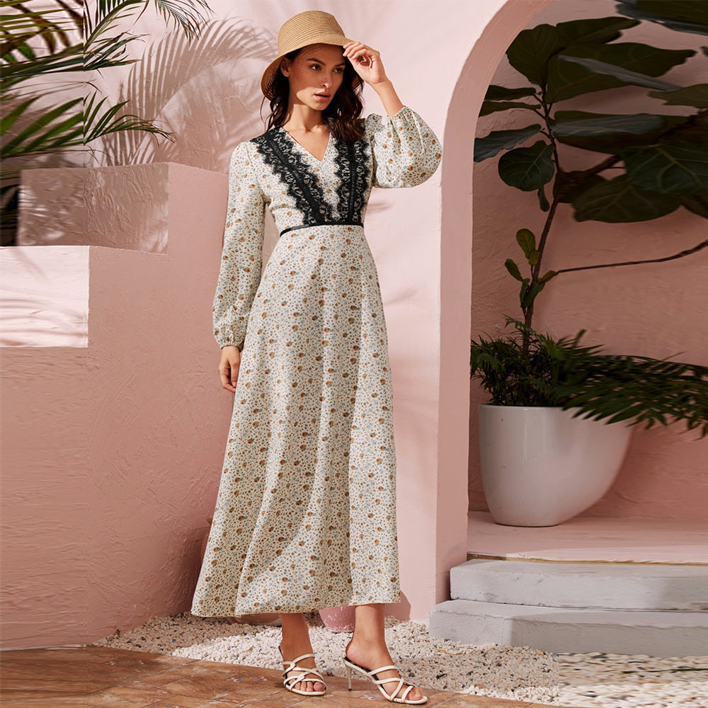 Stitching Lace High Waist Dress