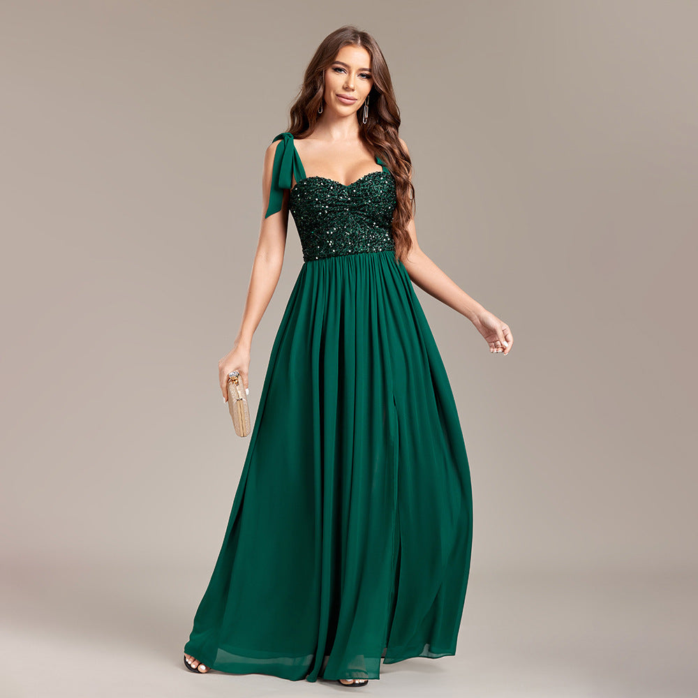 Sequined Stitching Chiffon High Slit Party Birthday Evening Gown Tied Strap Backless Prom a Swing Dress