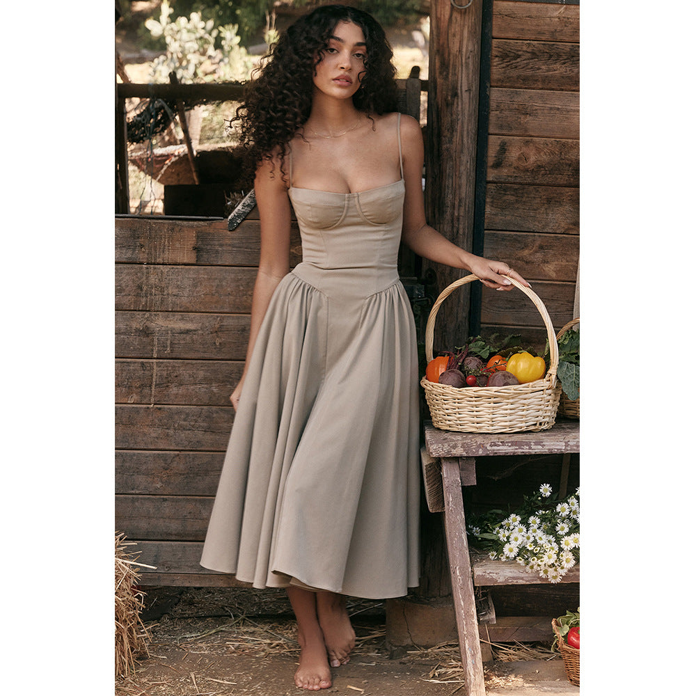 V neck Strap Mid Length Dress Waist Tight Slim Backless Dress for