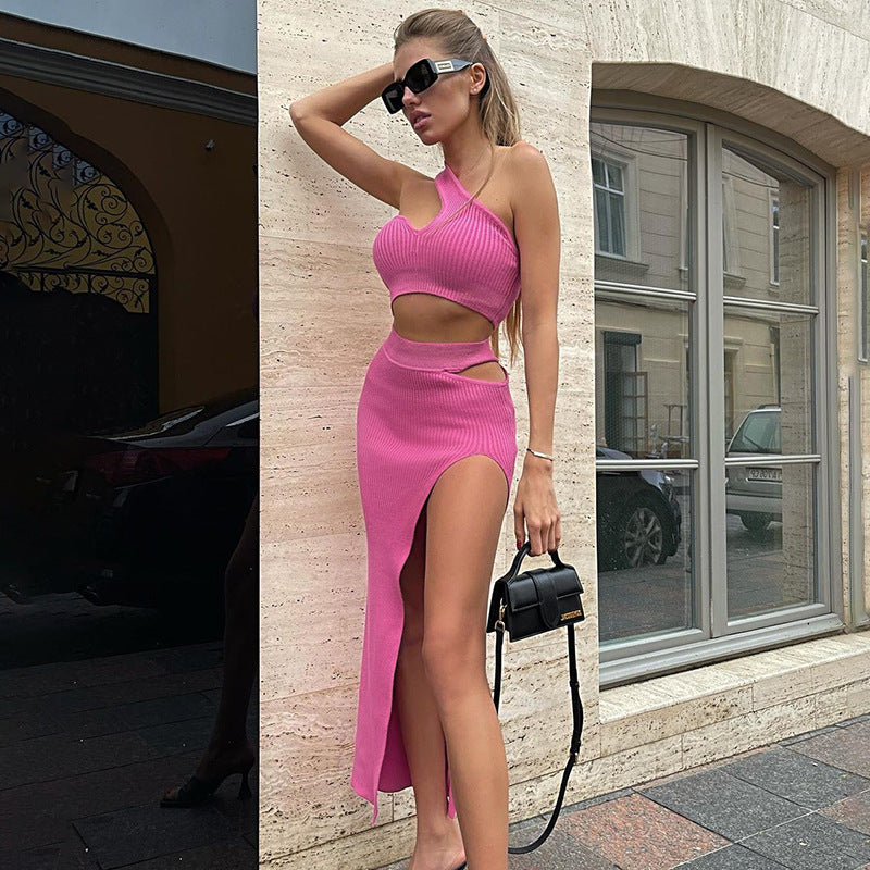 Solid Color Thread One Piece Cropped Hollow out Split Maxi Dress