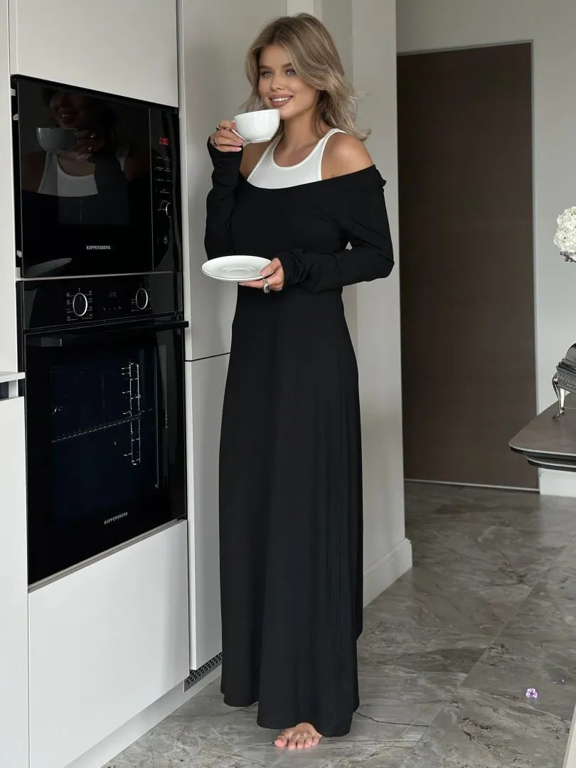Long Sleeve Stitching Faux Two Piece Vest Dress