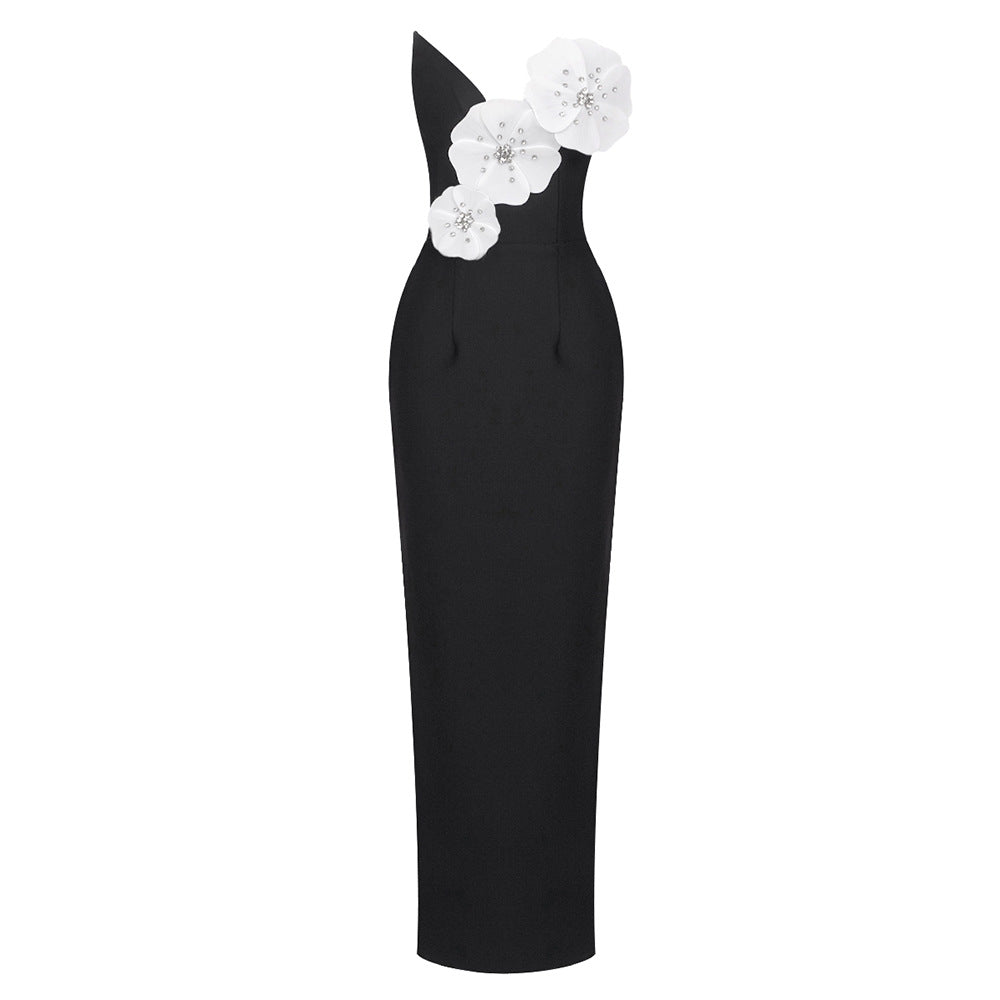 Black Tube Top Dress Floral Diamond Core Split off - Shoulder Design