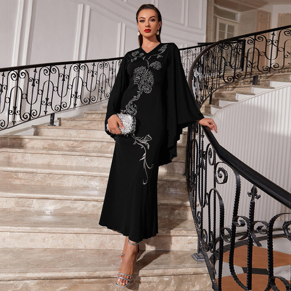 Embroidered Dress V Neck Batwing Sleeve Dress Urban Dress