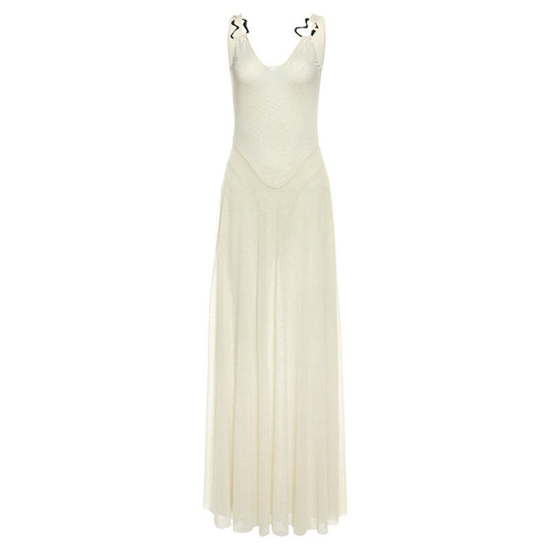 Slim V neck Backless Strap Mesh Dress