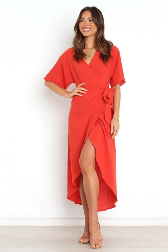 Bold Move Wrap Midi Dress Red
