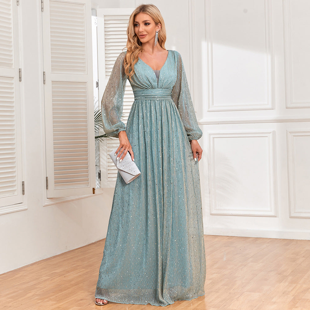 Shiny Pleated Elastic Sheer Long Sleeve V neck Swing Dress Fully Lined Elegant Evening Dress