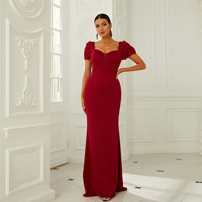 High Waist Short Sleeve Office Tight Dress Solid Color Slim Fit Small Trailing Evening