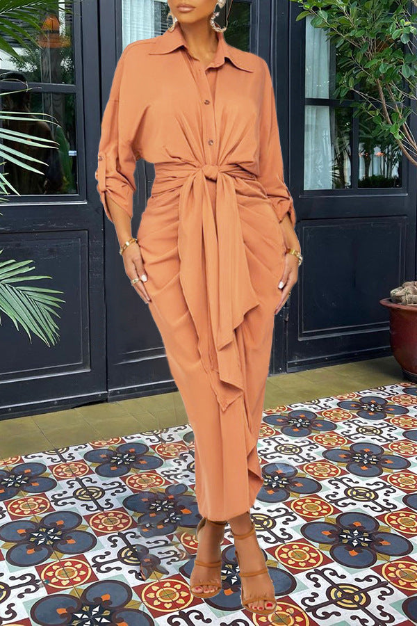 Essence Satin Tie Front Midi Shirt Dress Orange