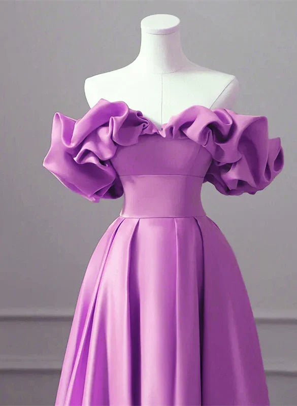 Purple Satin Off Shoulder Long Evening Dress, Purple Wedding Party Dress - View 2 | VelvetHem