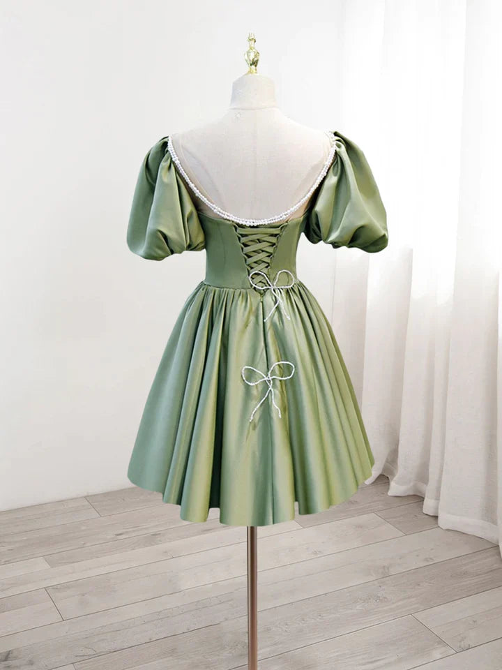 A-Line Green Puffy Sleeve Satin Short Prom Dress, Green Short Formal Dress - View 2 | VelvetHem