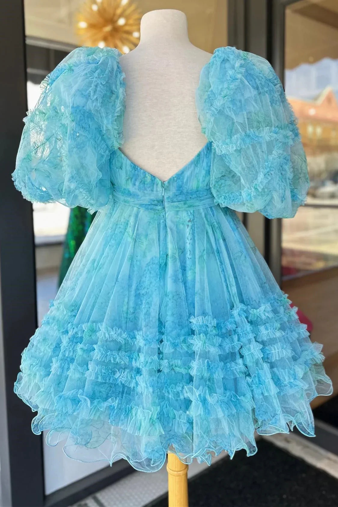 Blue Floral Print Short Baby Doll Homecoming Dress with Balloon Sleeves - View 2 | VelvetHem