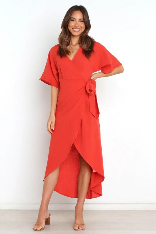 Bold Move Wrap Midi Dress Red