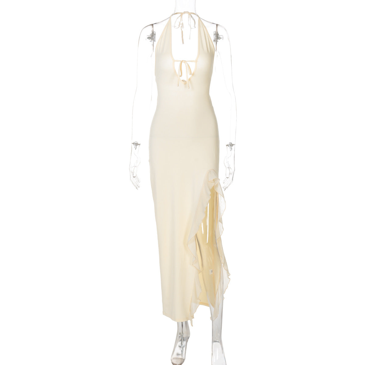 Ruffled V neck Lace up Backless Dress