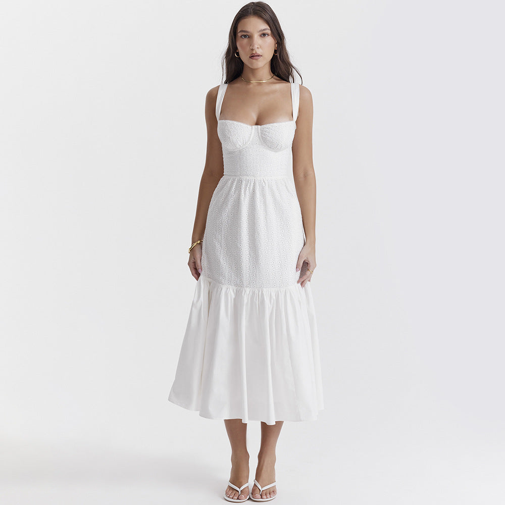 Cami Dress Cotton Linen Jacquard Mid Length Dress White Dress for Sweet Spicy