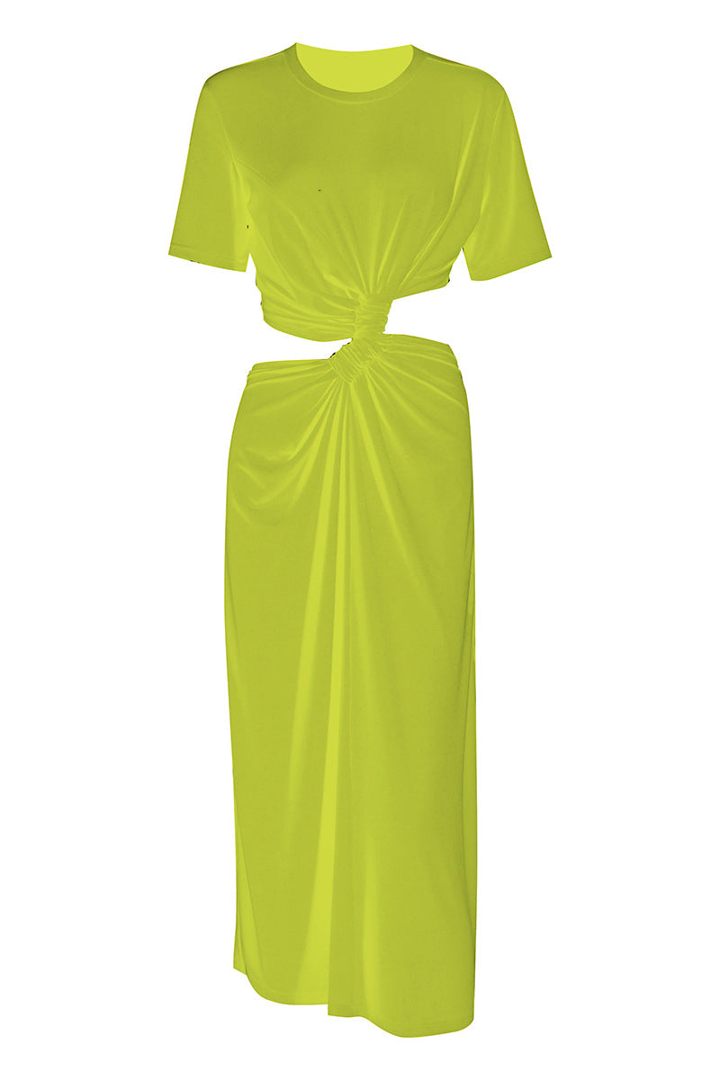 Casual Round Neck Short Sleeve Ruched Cutout Midi Dress - Lime Green