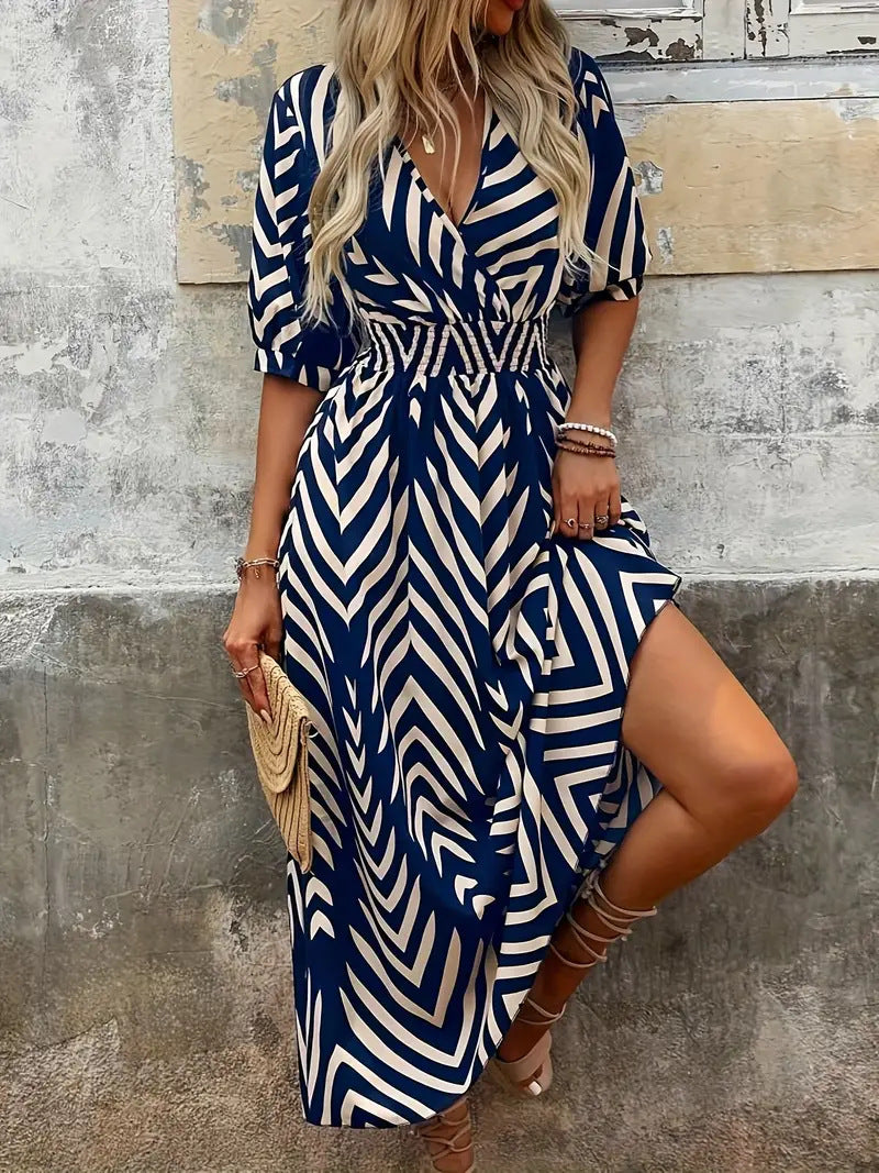 Isabella Minimalist V Neck Dress with Geometric Print Designer Edit