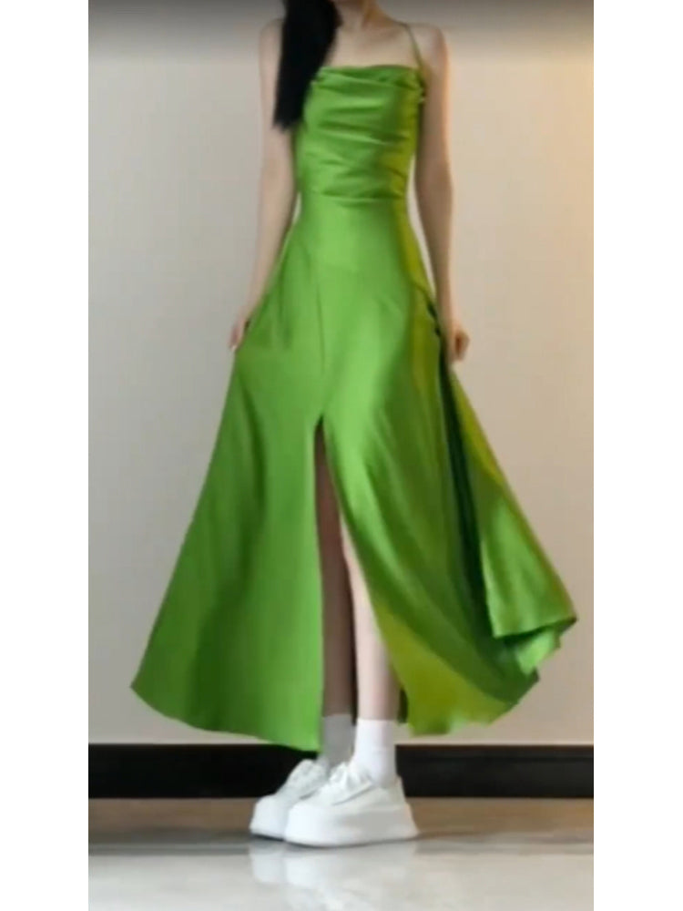 Sexy A line Spaghetti Straps Green Holiday Dress Satin Birthday Dresses Birthday Outfits - View 3 | VelvetHem