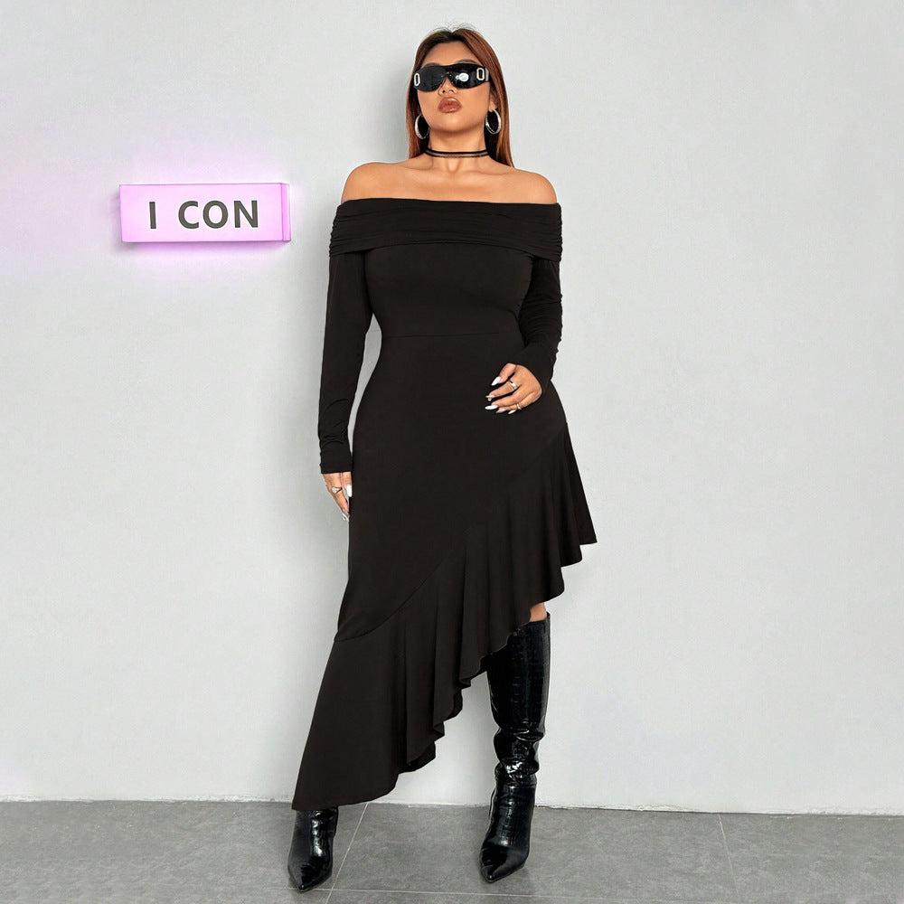 Elegant Dress Boat Collar Wooden Ear Midi Dress