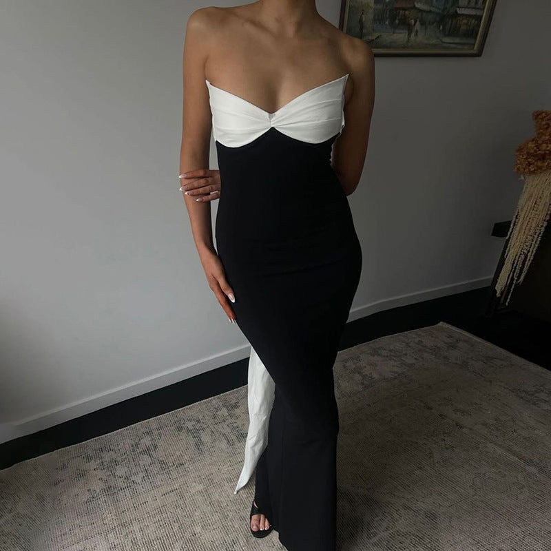 Color Contrast Backless Bow Tube Top Ribbon Dress