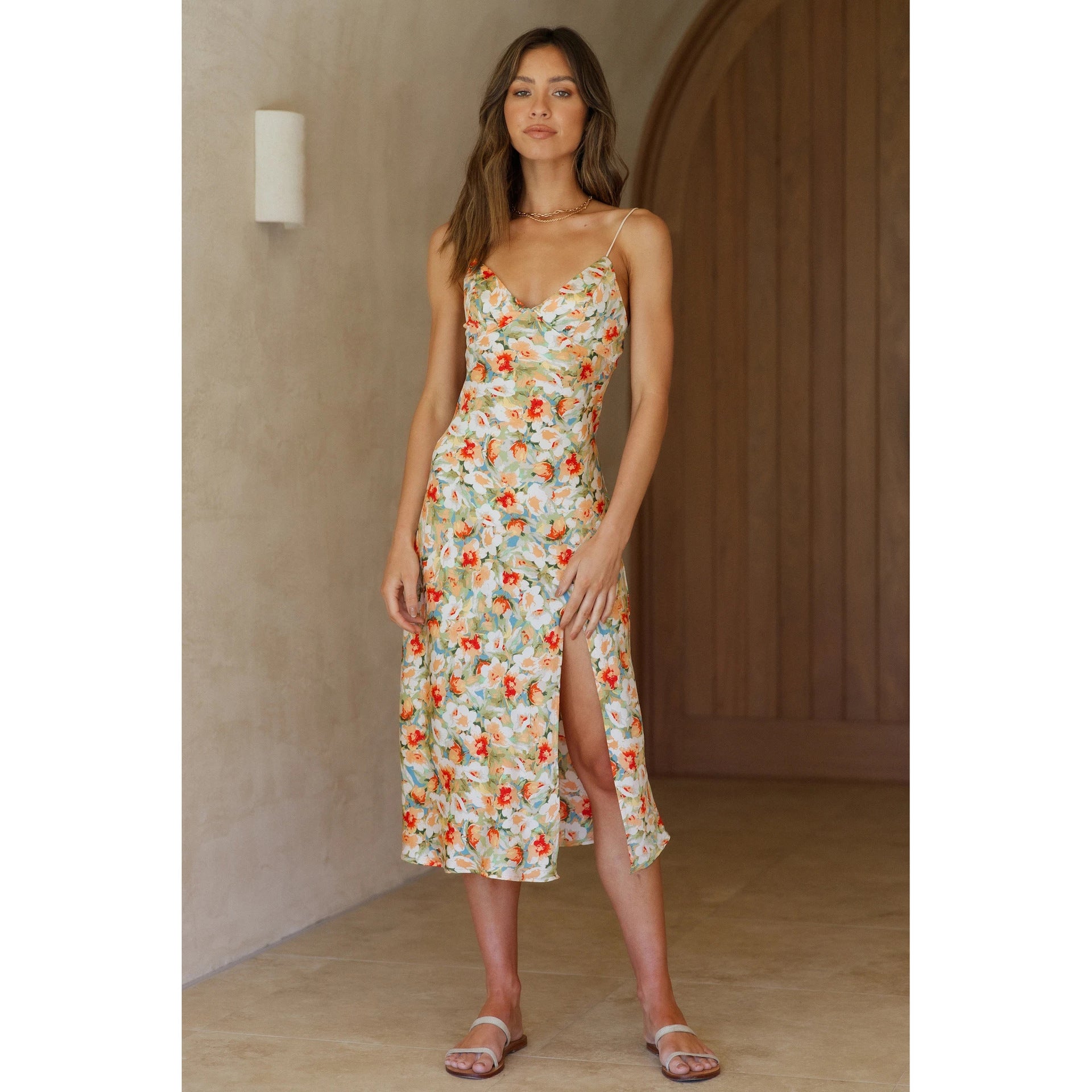 Small Floral Print Vestidos Slit Hemline at Hem Mid - Length Strap Estampado Floral Dress