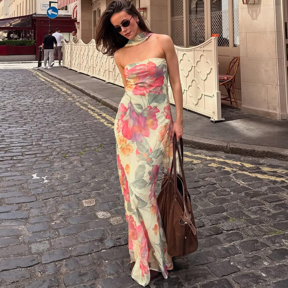Slim-fit scarf-neck halter-back printed dress