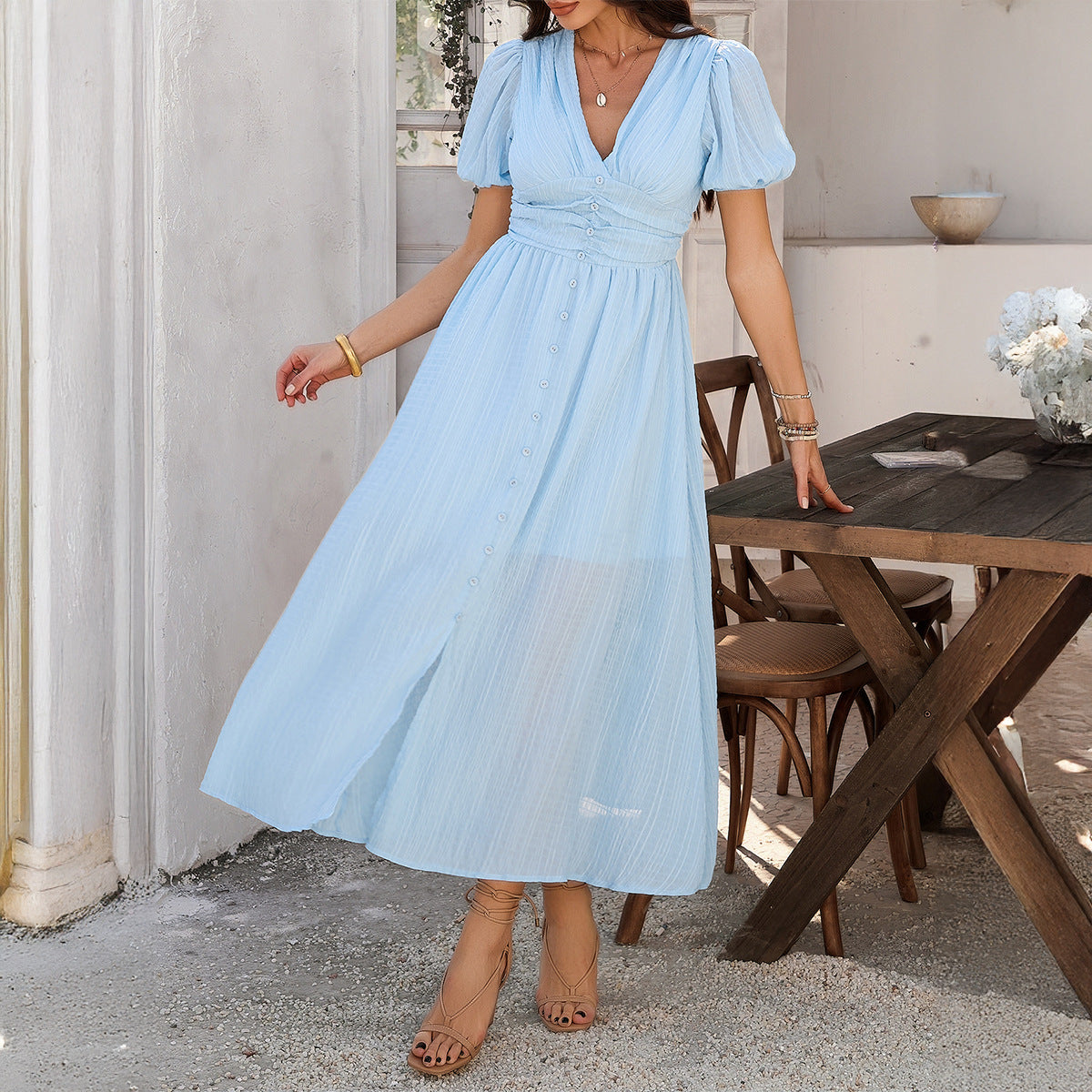 Jade Minimalist Maxi Dress with Puff Sleeves and a V Neckline Evening Wear Edit
