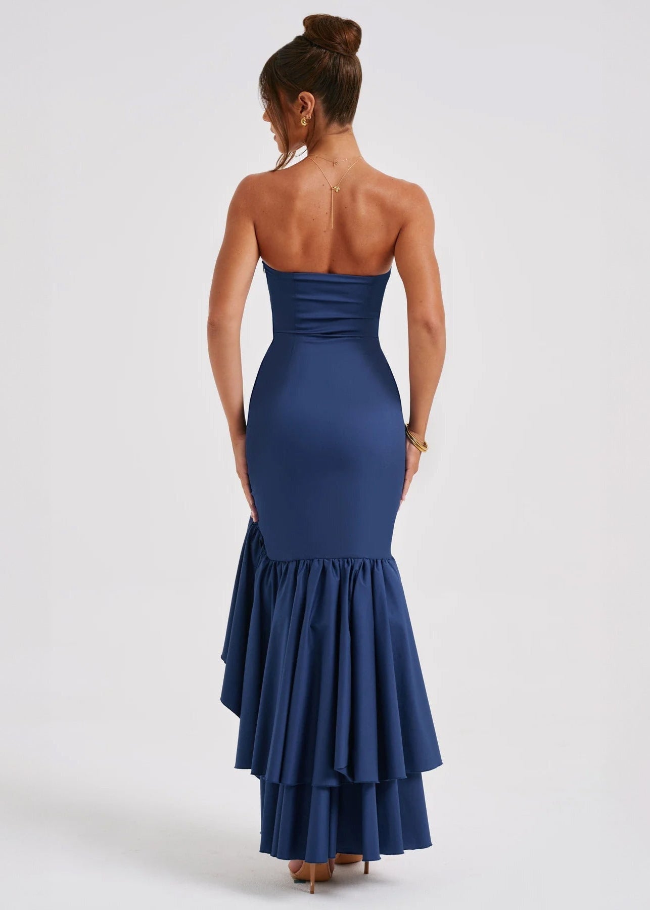 Midnight Cascade Strapless Ruffled Maxi Dress
