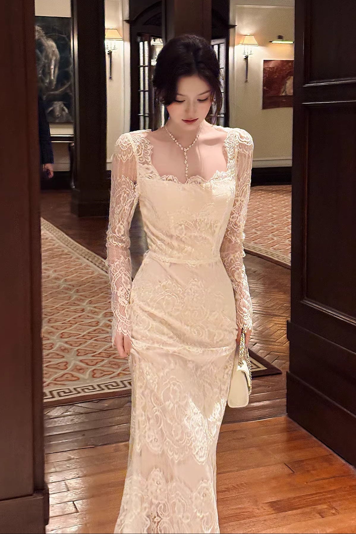 Square Neck Lace Long Sleeves Ankle Length Prom Dresses