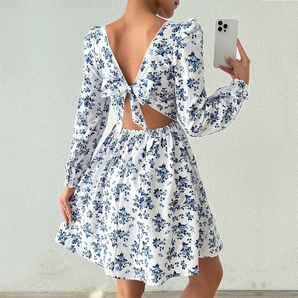 French Square Collar Elegant Dress High Waist Backless Lace up Floral