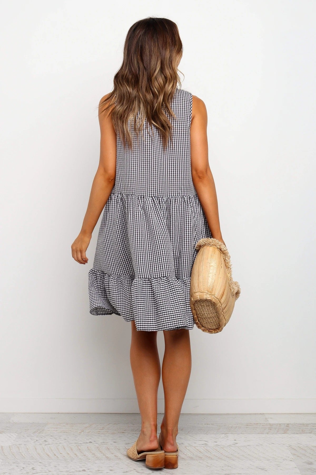 Virna Pocketed Gingham Tiered Babydoll Dress Black