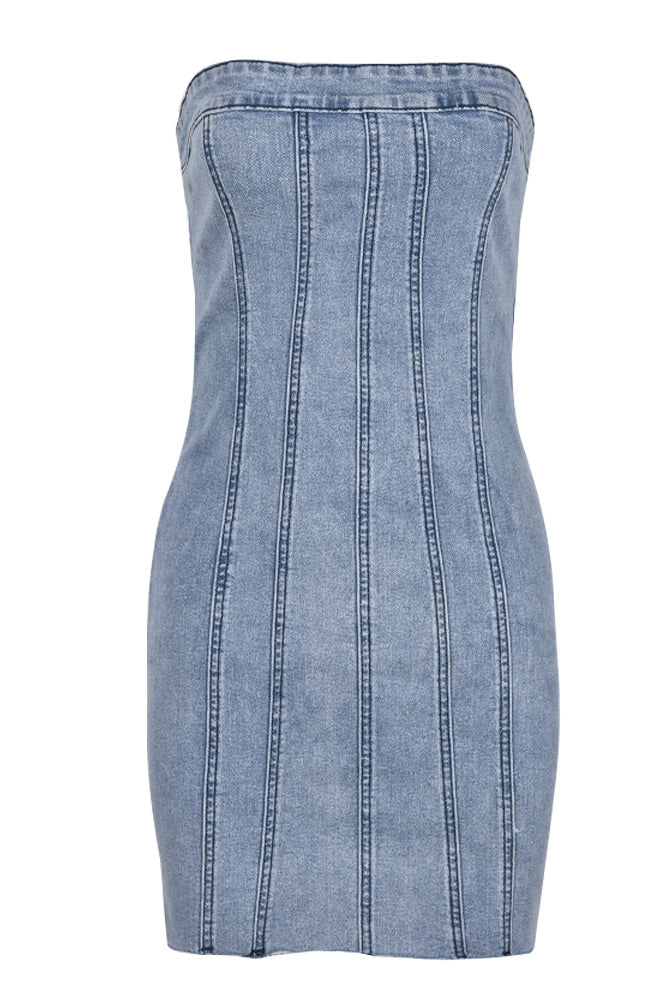 Vintage Distressed Banded Strapless Denim Bodycon Mini Dress - Light Blue