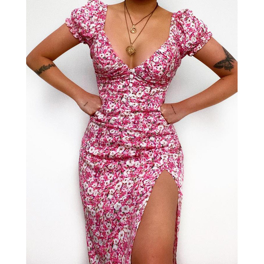 Floral Floral Print Fresh Sweet V - neck Mid - Length Dress