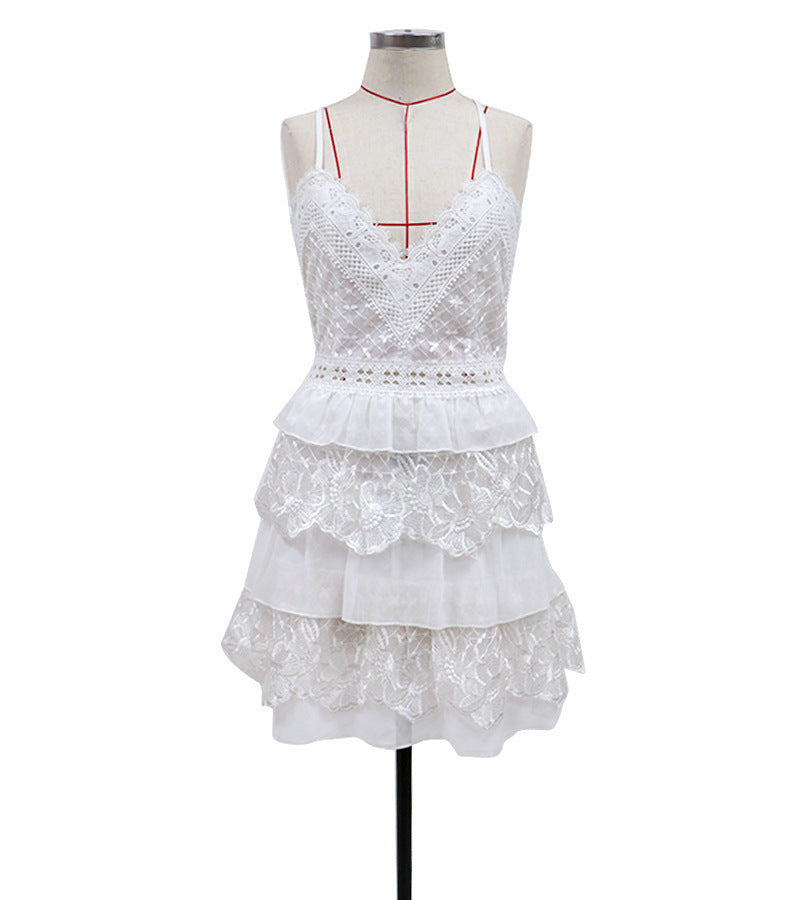 Backless Lace up Tiered Dress Short