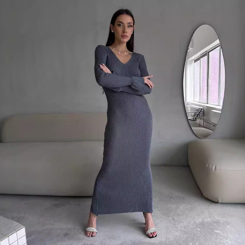 Long Sleeve V neck Tight Knitted Dress Solid Color Rib Fabric Wool Long Dress