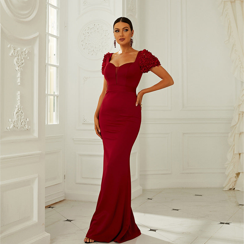 High Waist Short Sleeve Office Tight Dress Solid Color Slim Fit Small Trailing Evening