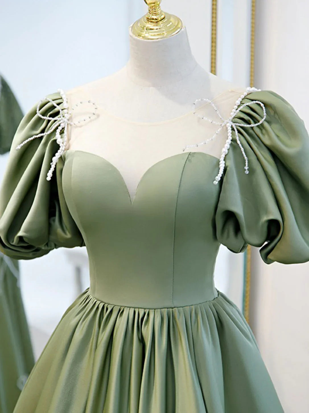 A-Line Green Puffy Sleeve Satin Short Prom Dress, Green Short Formal Dress - View 3 | VelvetHem