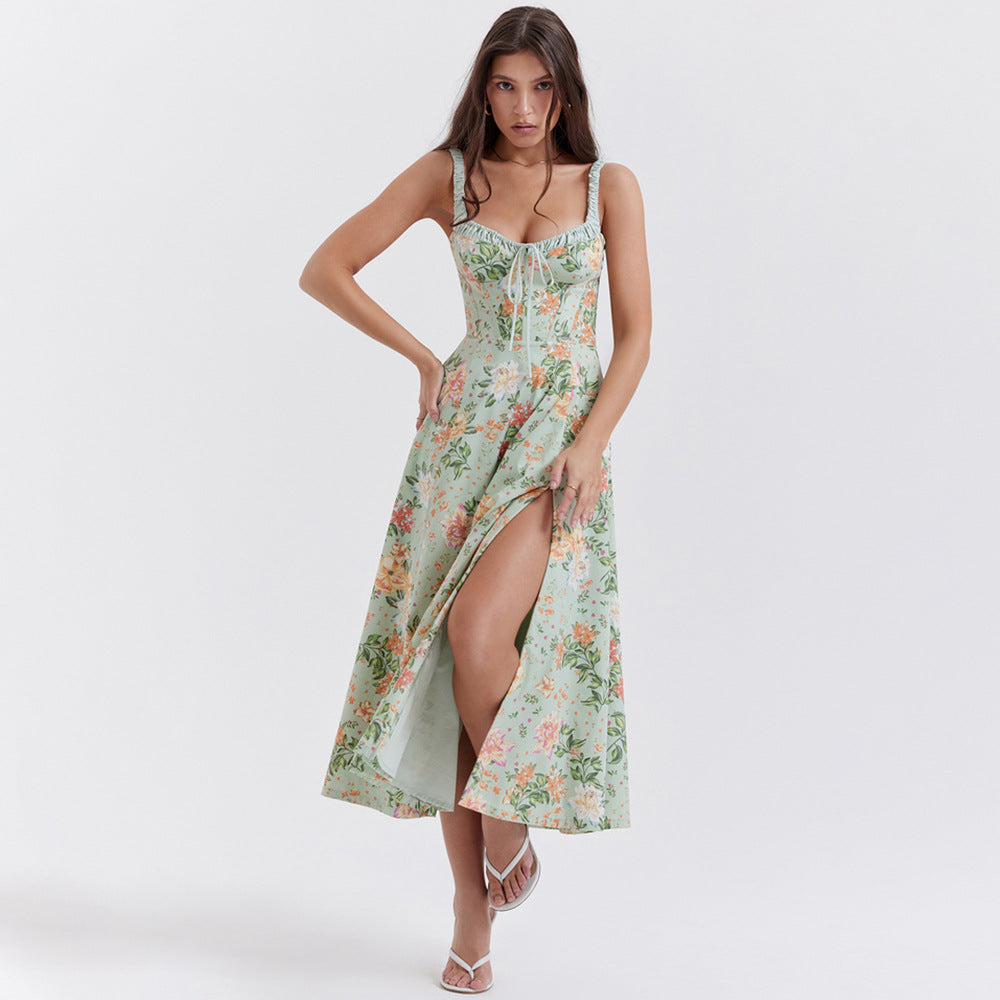 Floral Slip Dress Backless Slit Mid Length Vacation Dress for