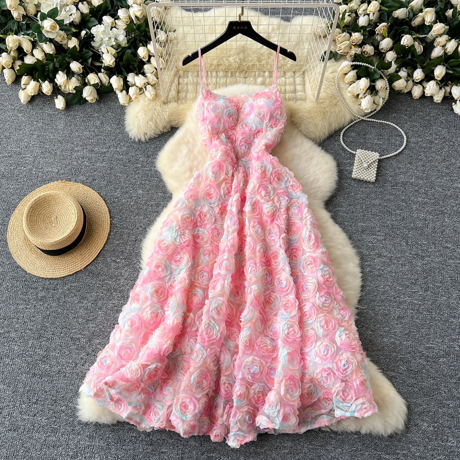 Cute A line Spaghetti Straps Pink Floral Holiday Dresses Midi Length Women's Dress