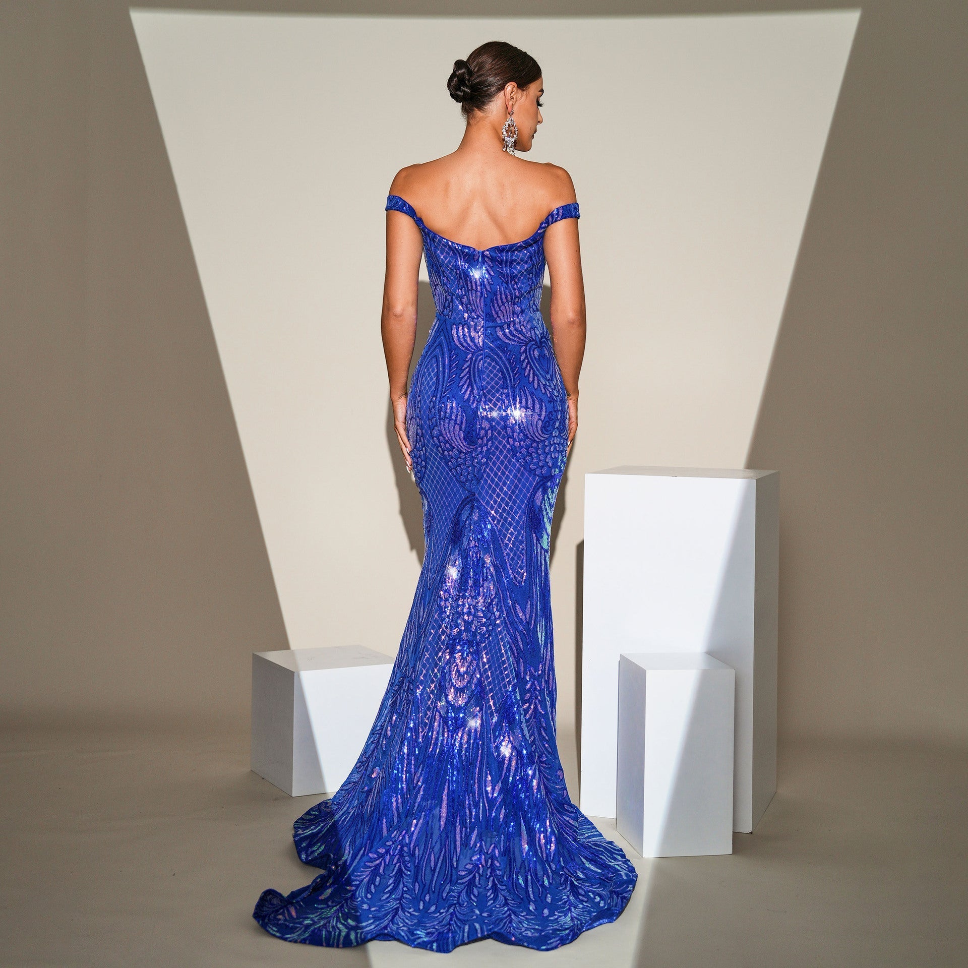 Boat Neck Sequined Slit Evening Gown Dress