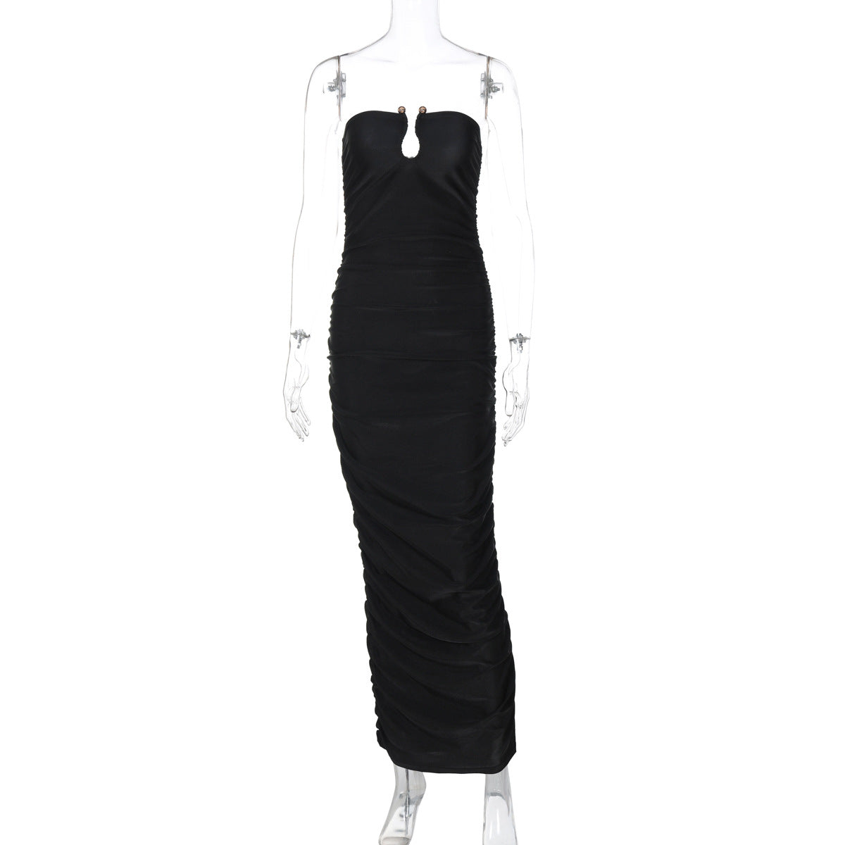 V neck Back Slim Pleated Solid Color Dress