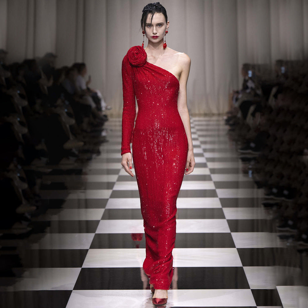 Christmas Red Three Dimensional One Shoulder Floral Sequin Formal Dress Stretch Dress Winter