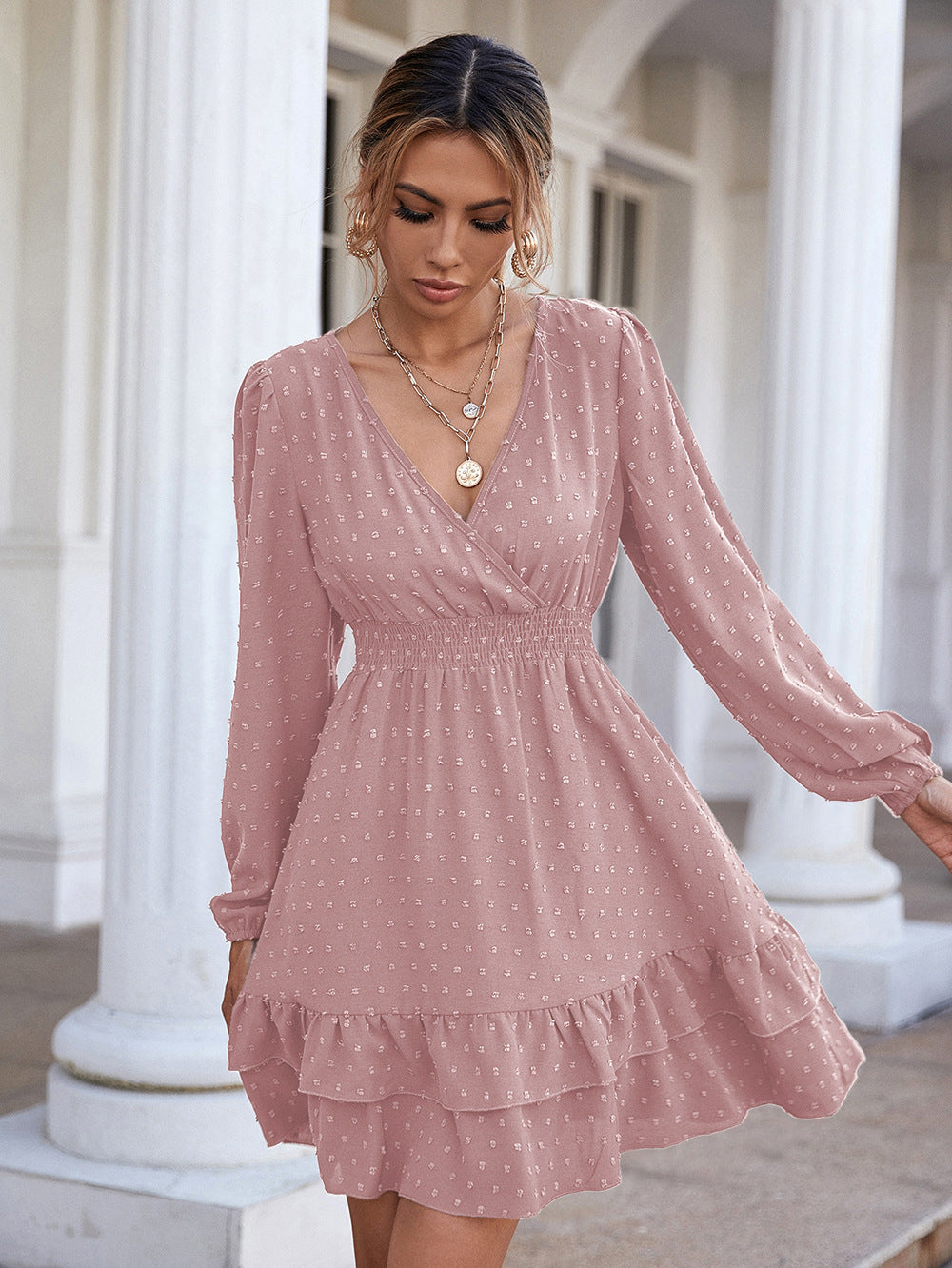 Use Your Imagination Smocked Metallic Tie Dress Latte