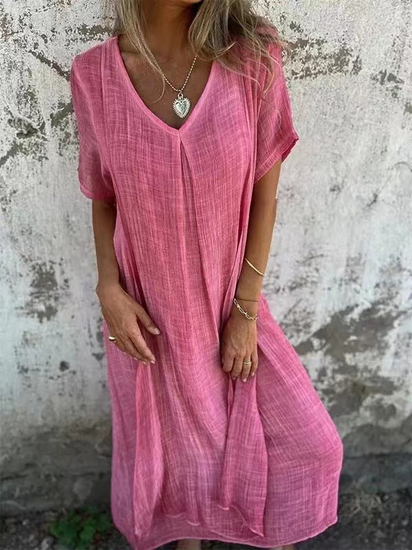 Jimena Minimalist Cotton Linen Dress with V Neck Elevated Occasion Wear
