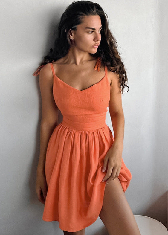 Midnight Grace Tie Strap Linen Mini Dress